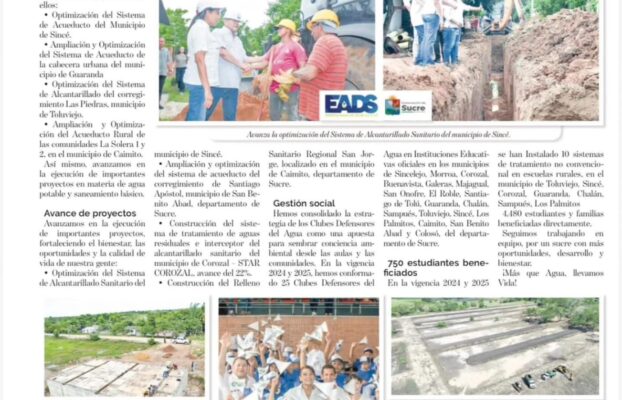 La EMPRESA AGUAS DE SUCRE S.A E.S.P Avanza con obras y resultados que transforman nuestro departamento.