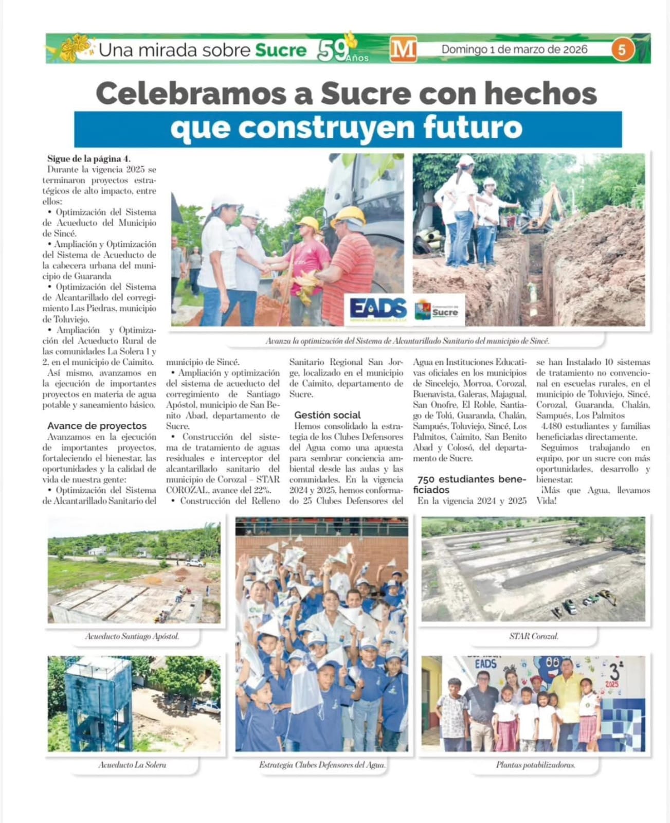La EMPRESA AGUAS DE SUCRE S.A E.S.P Avanza con obras y resultados que transforman nuestro departamento.